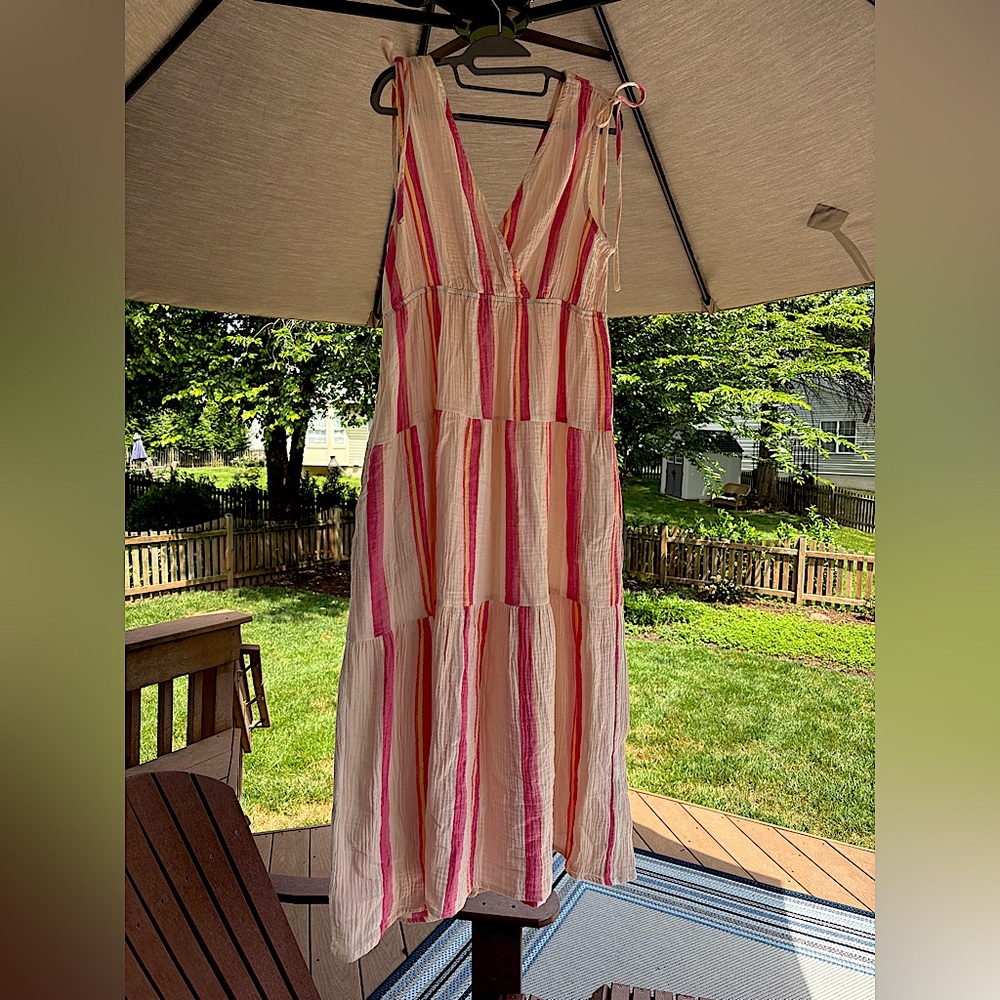 Marine Layer Maxi dress
Size: Large
Pale Pinks/yellow stripes